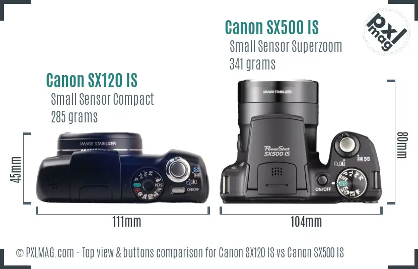 Canon SX120 IS vs Canon SX500 IS top view buttons comparison