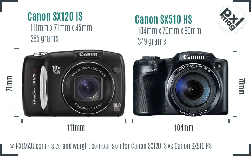 Canon SX120 IS vs Canon SX510 HS size comparison Canon SX120 IS vs Canon SX510 HS size comparison