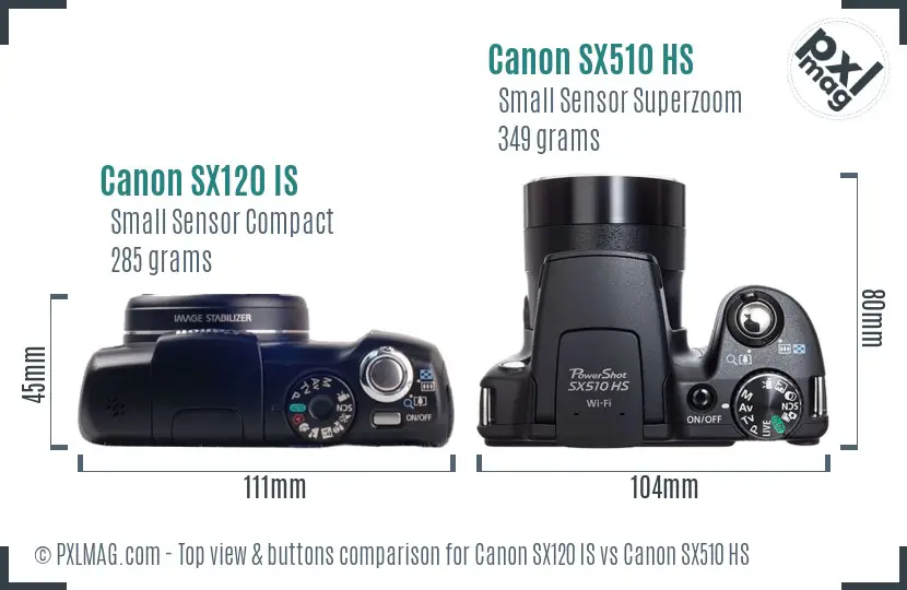 Canon SX120 IS vs Canon SX510 HS top view buttons comparison Canon SX120 IS vs Canon SX510 HS top view buttons comparison