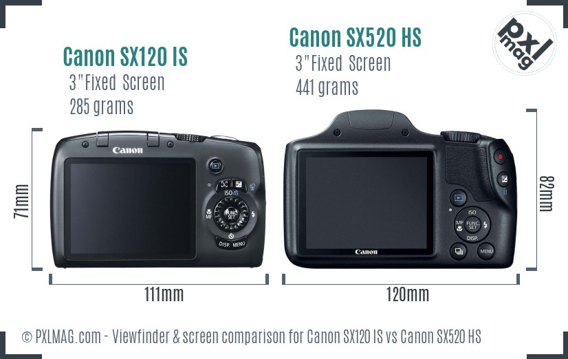 Canon SX120 IS vs Canon SX520 HS Screen and Viewfinder comparison