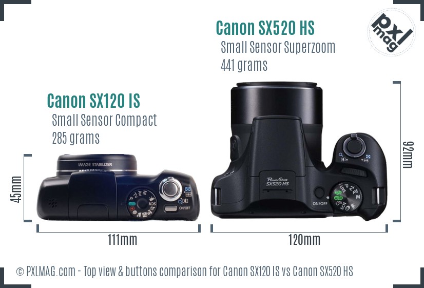 Canon SX120 IS vs Canon SX520 HS top view buttons comparison