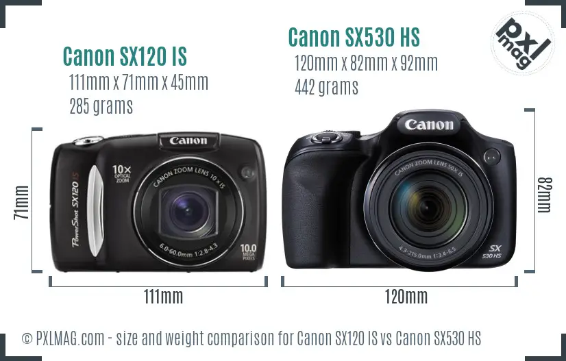 Canon SX120 IS vs Canon SX530 HS size comparison