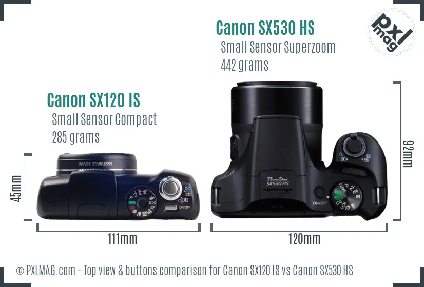 Canon SX120 IS vs Canon SX530 HS top view buttons comparison