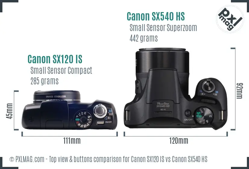 Canon SX120 IS vs Canon SX540 HS top view buttons comparison
