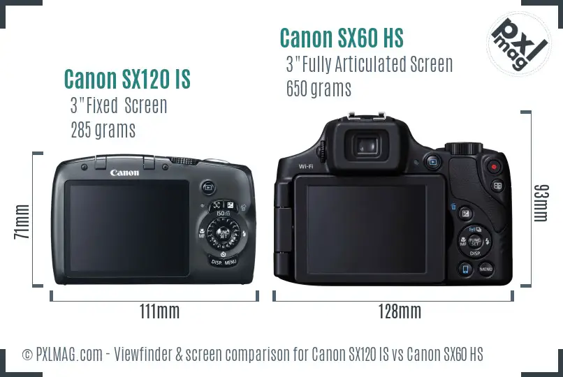 Canon SX120 IS vs Canon SX60 HS Screen and Viewfinder comparison