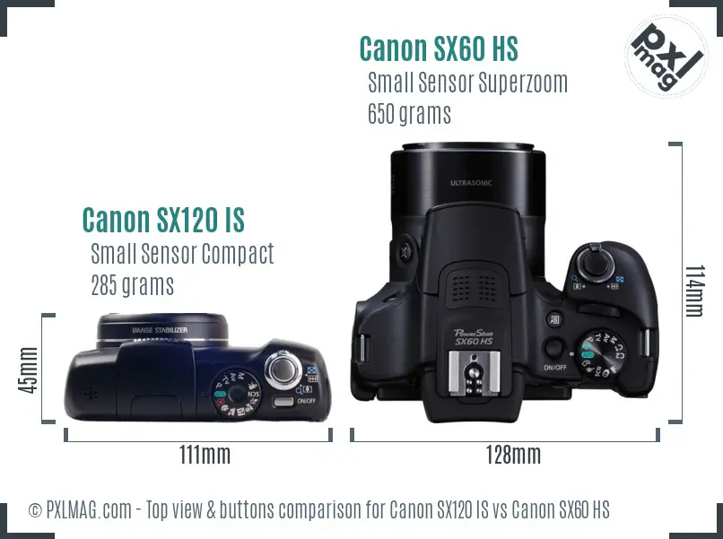 Canon SX120 IS vs Canon SX60 HS top view buttons comparison