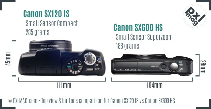 Canon SX120 IS vs Canon SX600 HS top view buttons comparison