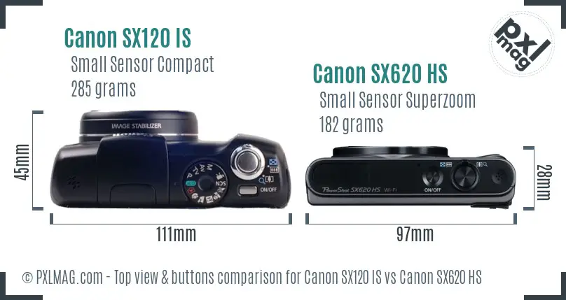 Canon SX120 IS vs Canon SX620 HS top view buttons comparison