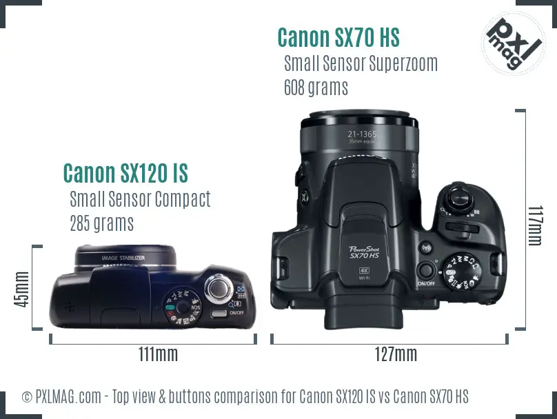Canon SX120 IS vs Canon SX70 HS top view buttons comparison
