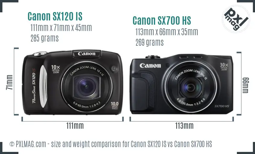 Canon SX120 IS vs Canon SX700 HS size comparison