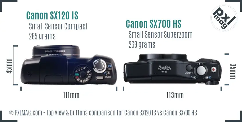 Canon SX120 IS vs Canon SX700 HS top view buttons comparison