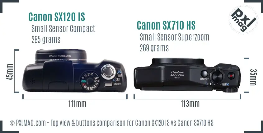 Canon SX120 IS vs Canon SX710 HS top view buttons comparison