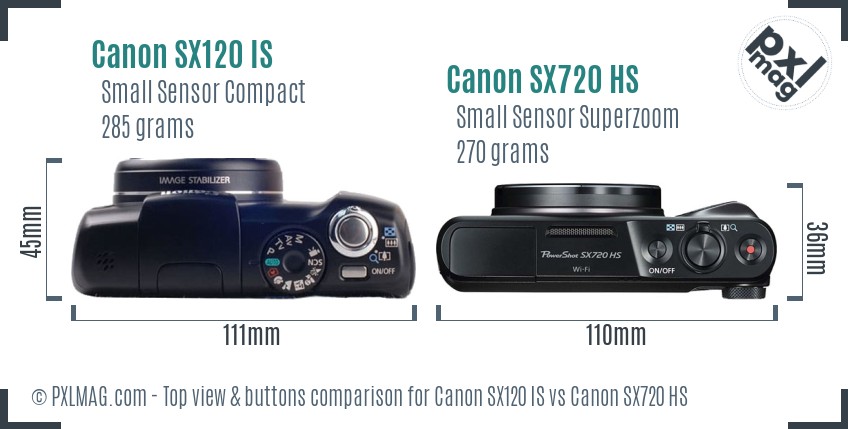 Canon SX120 IS vs Canon SX720 HS top view buttons comparison