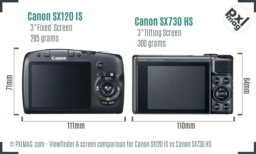 Canon SX120 IS vs Canon SX730 HS Screen and Viewfinder comparison