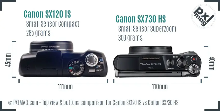 Canon SX120 IS vs Canon SX730 HS top view buttons comparison