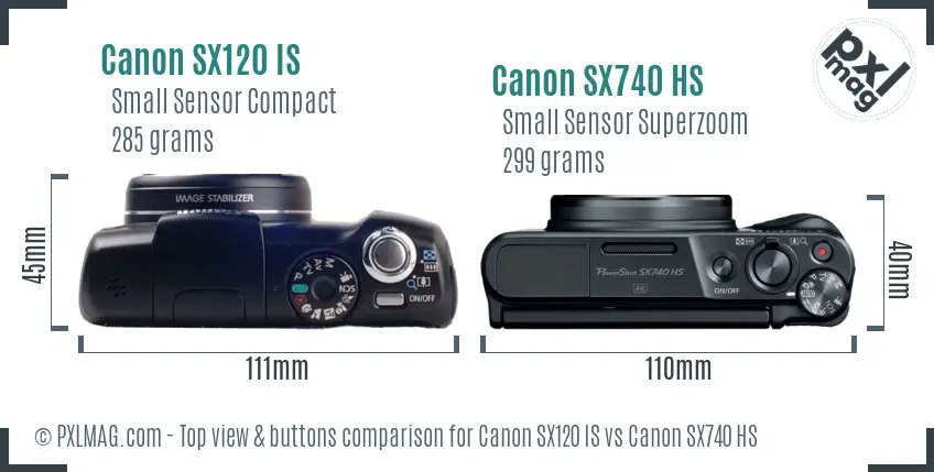 Canon SX120 IS vs Canon SX740 HS top view buttons comparison