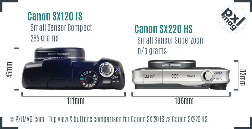 Canon SX120 IS vs Canon SX220 HS top view buttons comparison