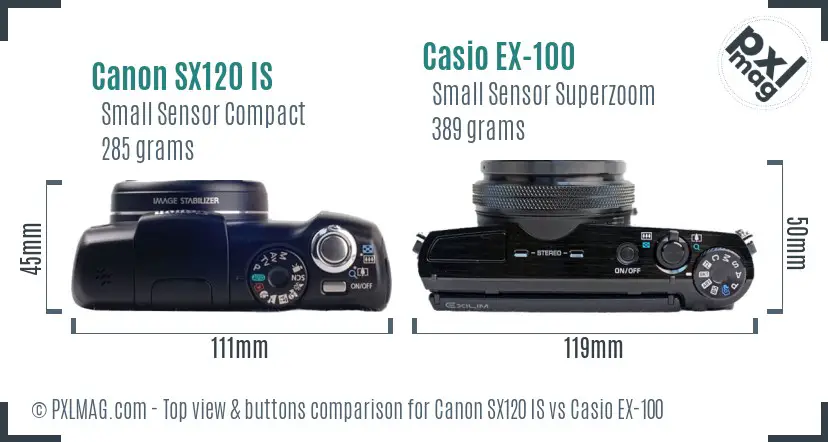Canon SX120 IS vs Casio EX-100 top view buttons comparison
