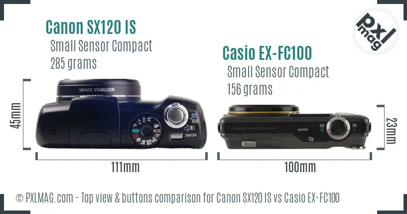 Canon SX120 IS vs Casio EX-FC100 top view buttons comparison