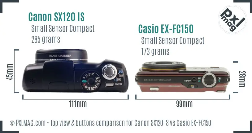 Canon SX120 IS vs Casio EX-FC150 top view buttons comparison