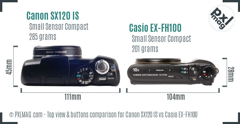 Canon SX120 IS vs Casio EX-FH100 top view buttons comparison