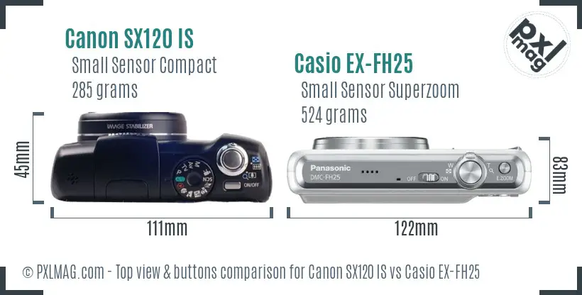 Canon SX120 IS vs Casio EX-FH25 top view buttons comparison