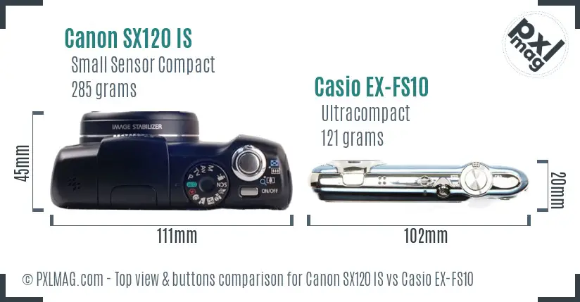 Canon SX120 IS vs Casio EX-FS10 top view buttons comparison
