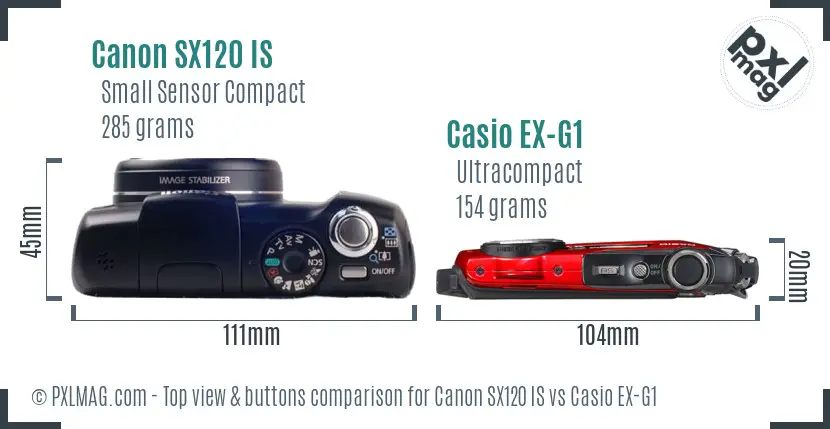 Canon SX120 IS vs Casio EX-G1 top view buttons comparison