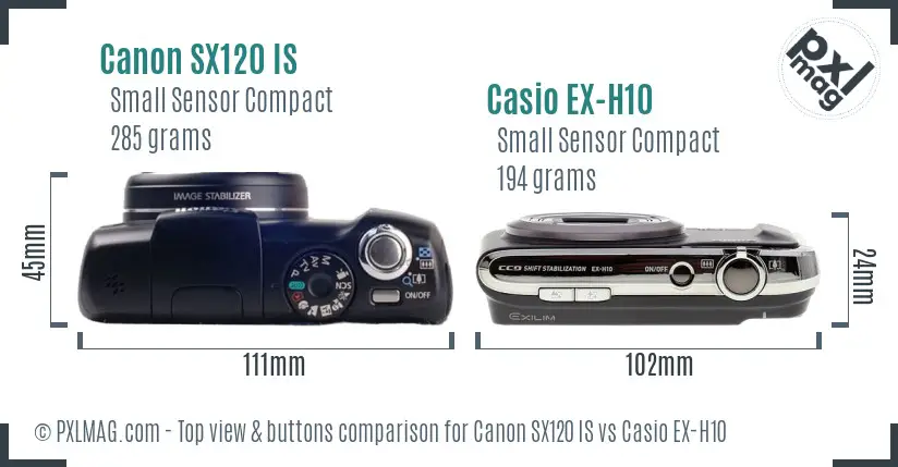 Canon SX120 IS vs Casio EX-H10 top view buttons comparison