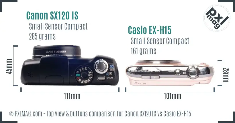 Canon SX120 IS vs Casio EX-H15 top view buttons comparison