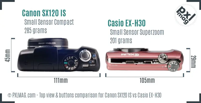 Canon SX120 IS vs Casio EX-H30 top view buttons comparison