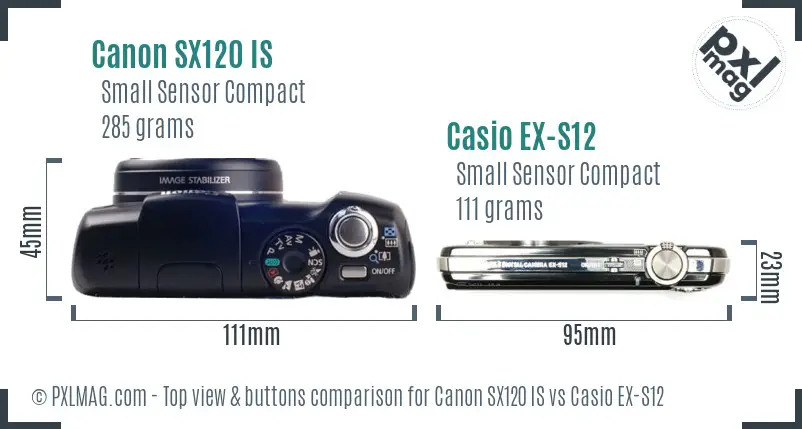 Canon SX120 IS vs Casio EX-S12 top view buttons comparison