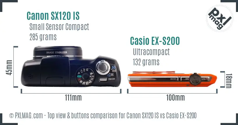 Canon SX120 IS vs Casio EX-S200 top view buttons comparison