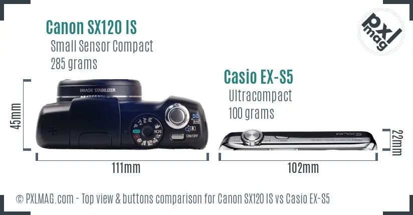 Canon SX120 IS vs Casio EX-S5 top view buttons comparison