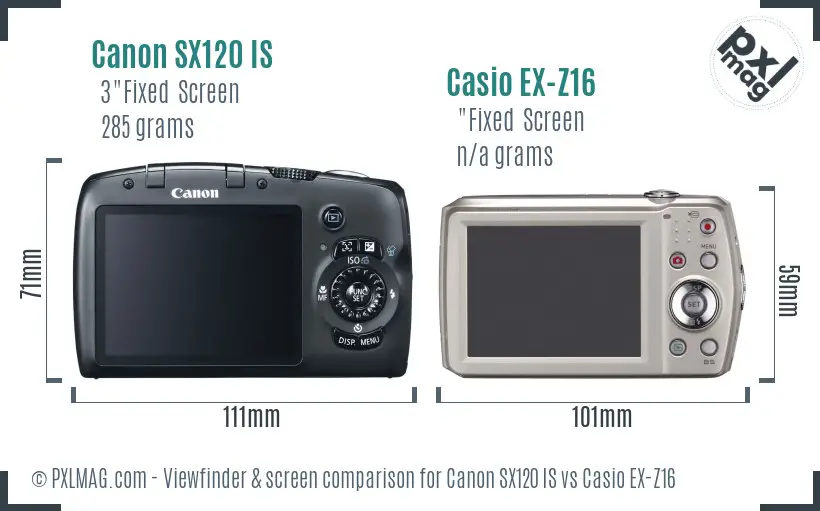 Canon SX120 IS vs Casio EX-Z16 Screen and Viewfinder comparison