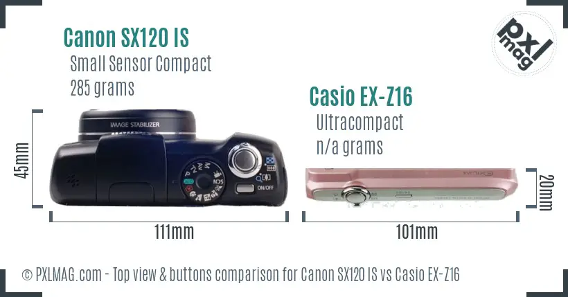 Canon SX120 IS vs Casio EX-Z16 top view buttons comparison