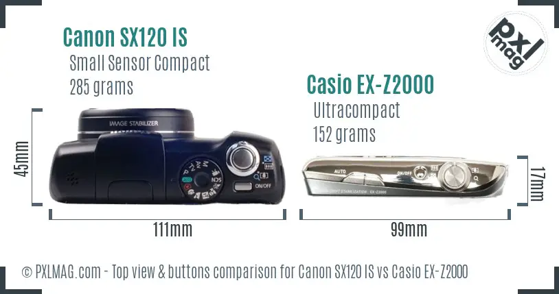 Canon SX120 IS vs Casio EX-Z2000 top view buttons comparison