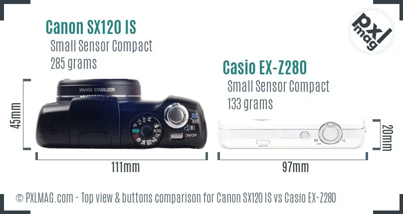 Canon SX120 IS vs Casio EX-Z280 top view buttons comparison