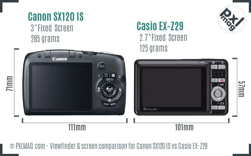 Canon SX120 IS vs Casio EX-Z29 Screen and Viewfinder comparison
