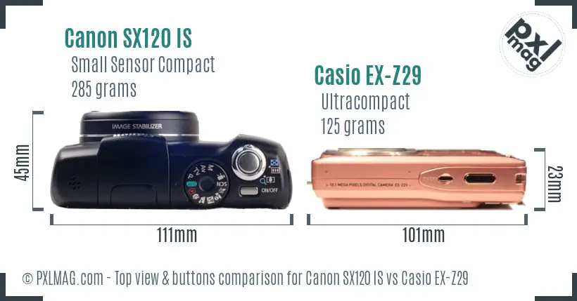 Canon SX120 IS vs Casio EX-Z29 top view buttons comparison Canon SX120 IS vs Casio EX-Z29 top view buttons comparison