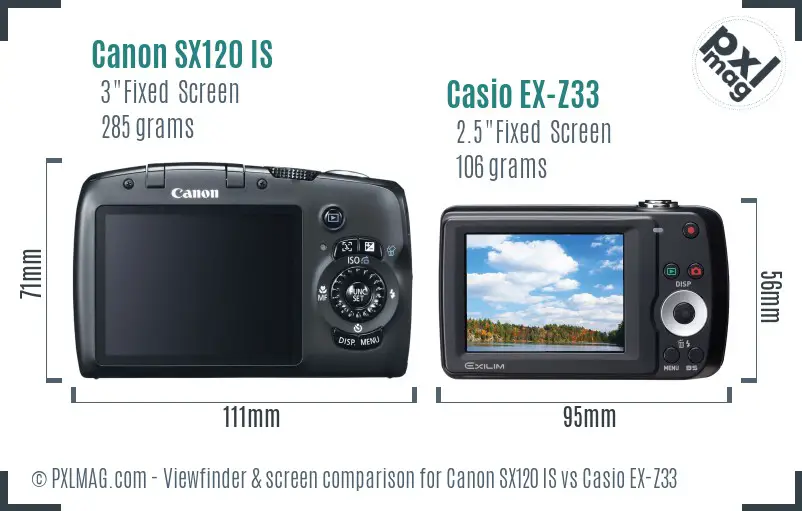 Canon SX120 IS vs Casio EX-Z33 Screen and Viewfinder comparison
