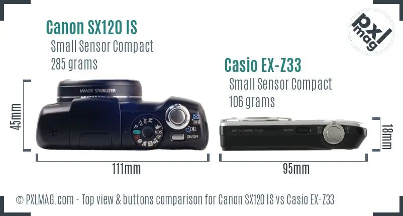 Canon SX120 IS vs Casio EX-Z33 top view buttons comparison