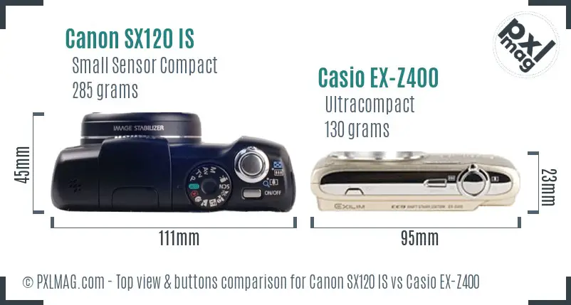 Canon SX120 IS vs Casio EX-Z400 top view buttons comparison