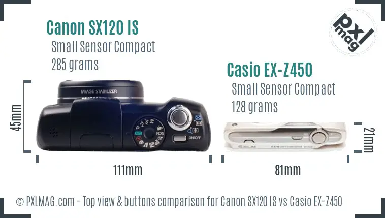 Canon SX120 IS vs Casio EX-Z450 top view buttons comparison