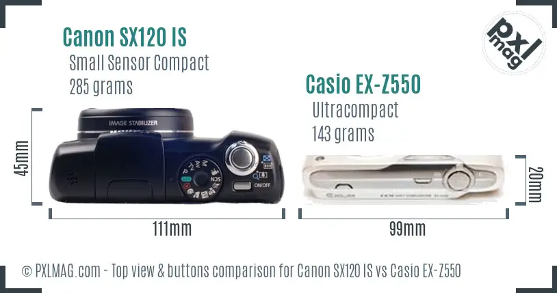 Canon SX120 IS vs Casio EX-Z550 top view buttons comparison