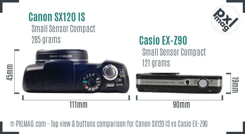 Canon SX120 IS vs Casio EX-Z90 top view buttons comparison