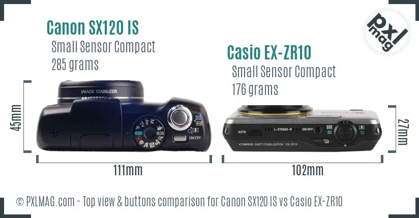 Canon SX120 IS vs Casio EX-ZR10 top view buttons comparison Canon SX120 IS vs Casio EX-ZR10 top view buttons comparison