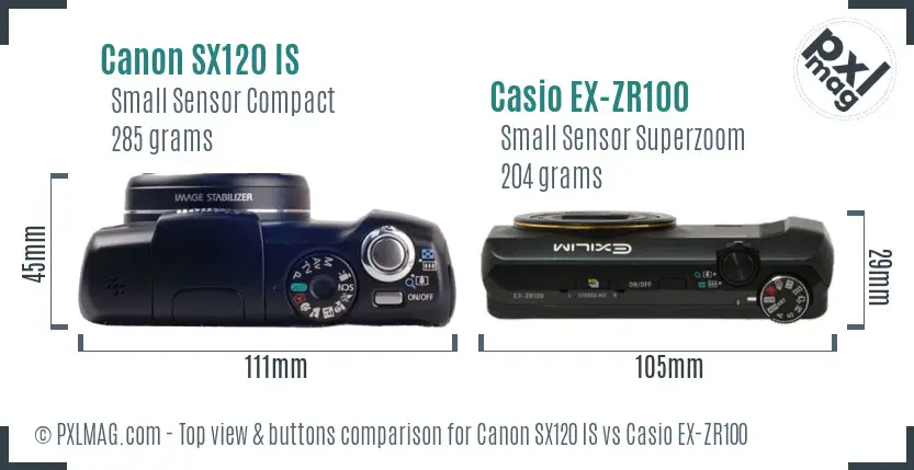 Canon SX120 IS vs Casio EX-ZR100 top view buttons comparison