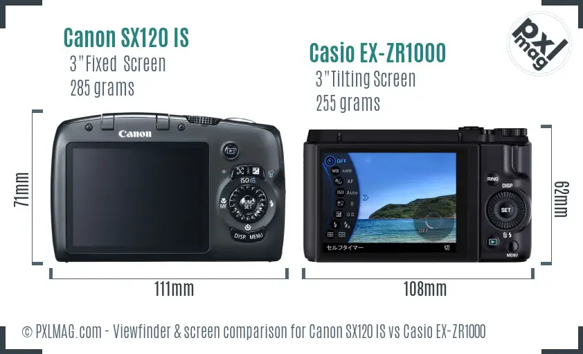 Canon SX120 IS vs Casio EX-ZR1000 Screen and Viewfinder comparison