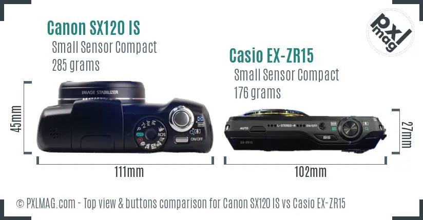 Canon SX120 IS vs Casio EX-ZR15 top view buttons comparison